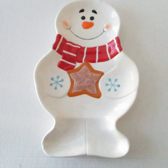 Home Accents Red Scarf Snowman Star Snowflakes Christmas Ceramic Platter Plate - Picture 2 of 12